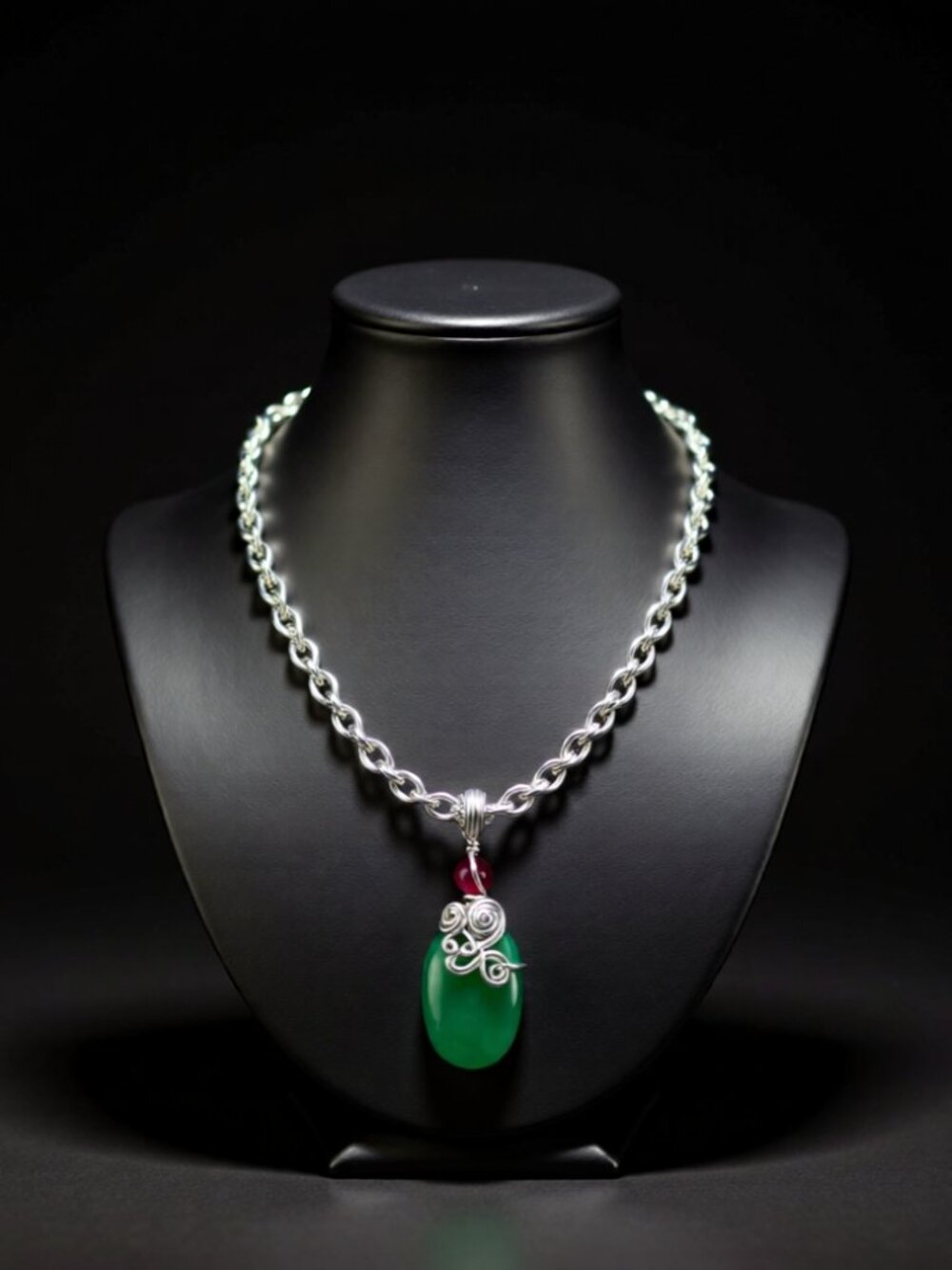 Handmade! Green + Raspberry Agate Pendant w. 18" Rope Chain - Vibrantly Unique!